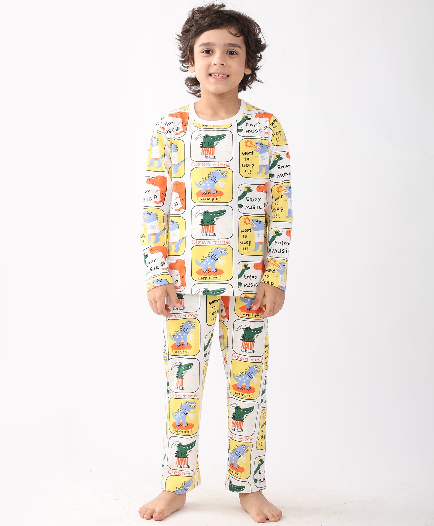 DINOSAUR STAMP LONG SLEEVE PYJAMA SET -WHITE