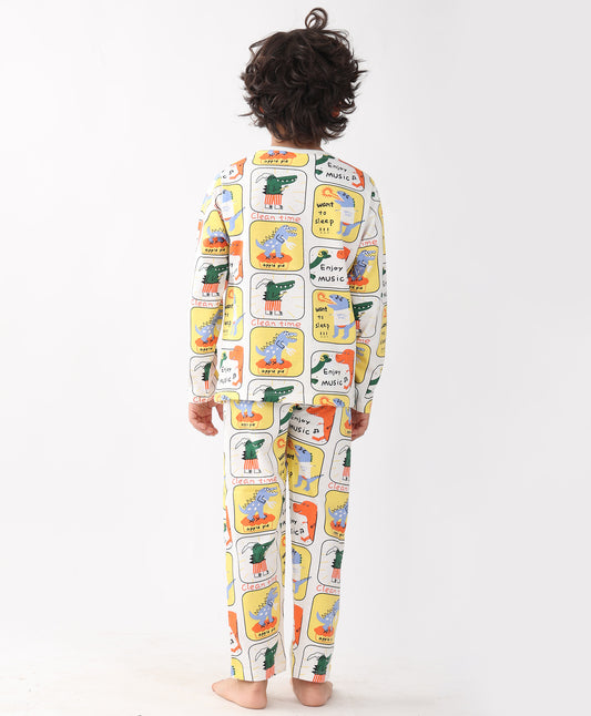 DINOSAUR STAMP LONG SLEEVE PYJAMA SET -WHITE