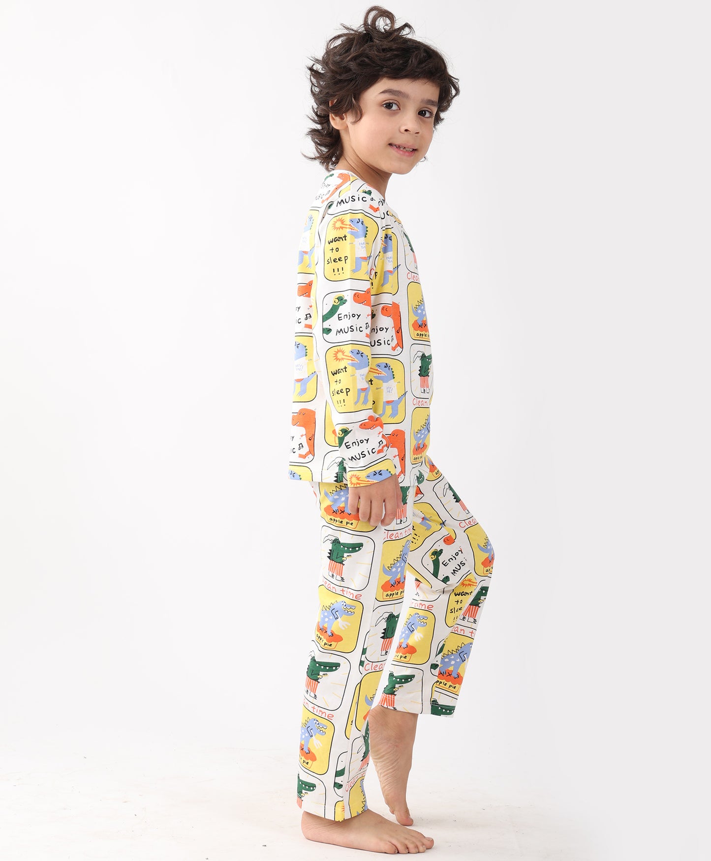 DINOSAUR STAMP LONG SLEEVE PYJAMA SET -WHITE