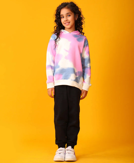 BLUE PINK TIE DYE FLEECE GIRLS HOODIE BLACK JOGGER SET - WHITE / BLACK