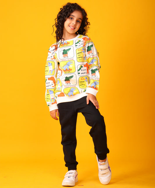 DINOSAUR STAMP GIRLS GIRLS SWEATSHIRT BLACK JOGGER SET - OFF WHITE/BLACK