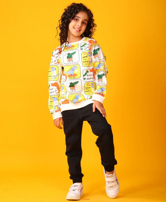 DINOSAUR STAMP GIRLS GIRLS SWEATSHIRT BLACK JOGGER SET - OFF WHITE/BLACK