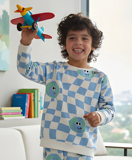 GLOBE CHECK BOYS FLEECE SWEATSHIRT - BLUE