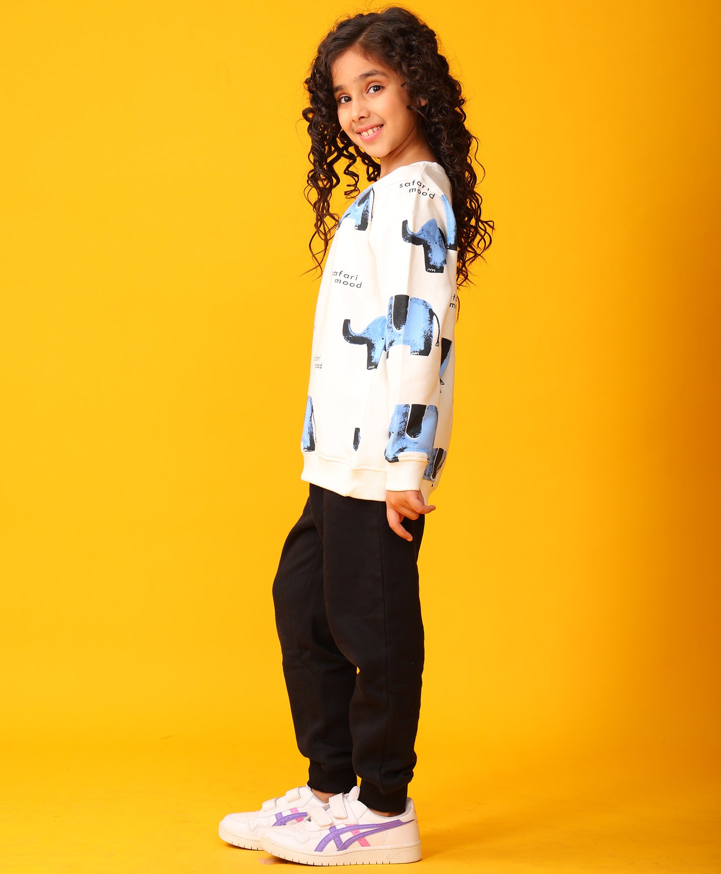 ELEPHANT SAFARI GIRLS FLEECE SWEATSHIRT BLACK JOGGER SET - WHITE/BLACK