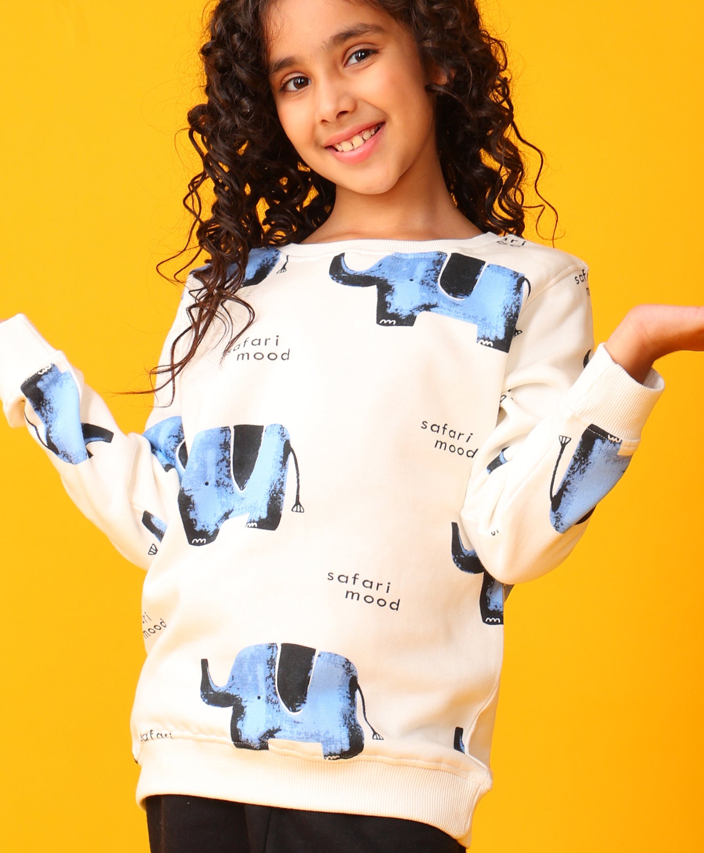 ELEPHANT SAFARI GIRLS FLEECE SWEATSHIRT BLACK JOGGER SET - WHITE/BLACK