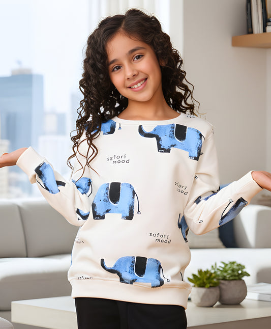 ELEPHANT SAFARI GIRLS FLEECE SWEATSHIRT - WHITE