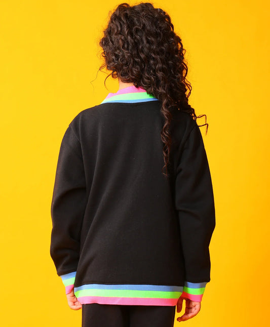 PINK NEON RIB ZIPPER GIRLS FLEECE SWEATSHIRT - BLACK