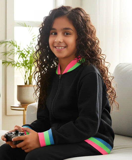 PINK NEON RIB ZIPPER GIRLS FLEECE SWEATSHIRT - BLACK - Anthrilo
