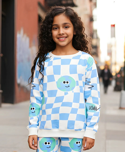 GLOBE CHECK GIRLS FLEECE SWEATSHIRT - BLUE - Anthrilo