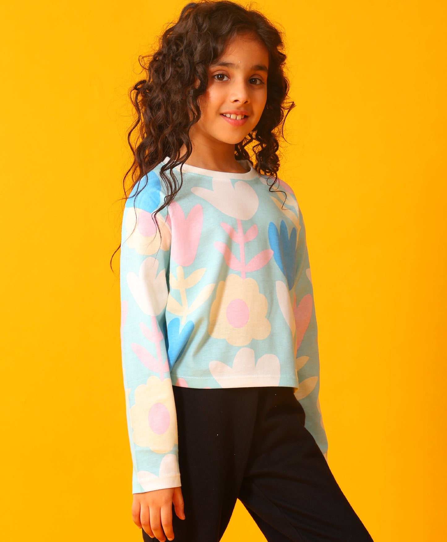 AQUA FLOWER LONG SLEEVE GIRLS T-SHIRT - AQUA