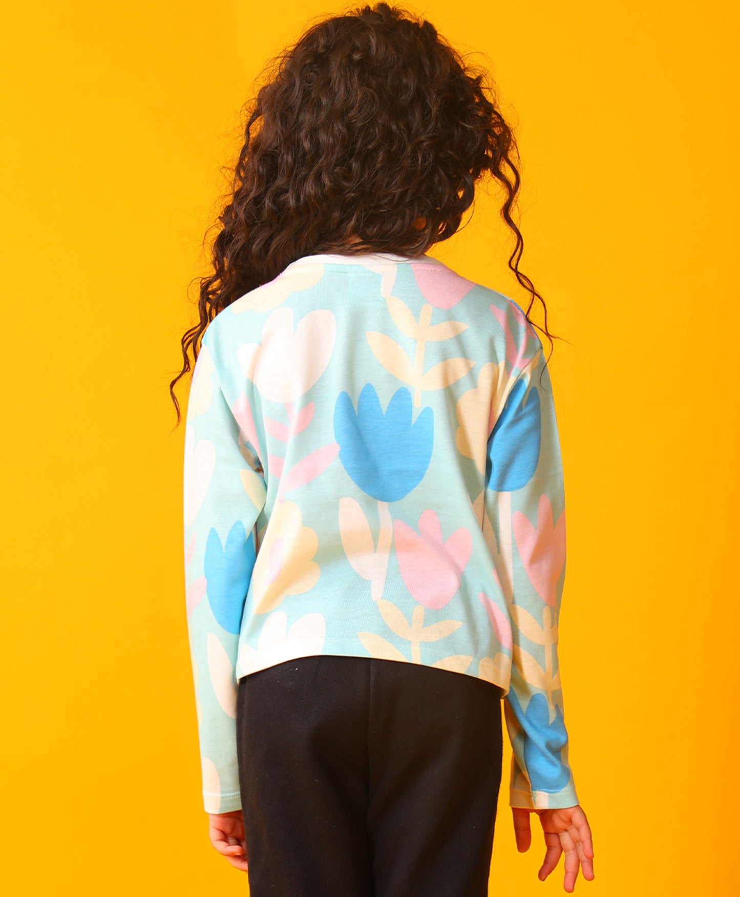 AQUA FLOWER LONG SLEEVE GIRLS T-SHIRT - AQUA