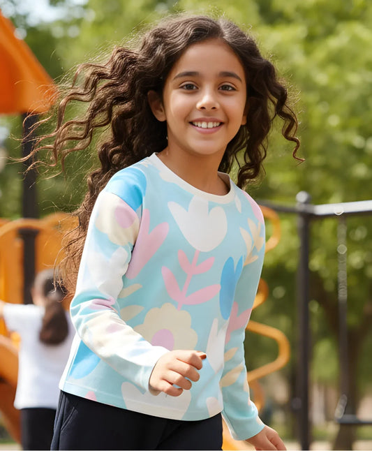AQUA FLOWER LONG SLEEVE GIRLS T-SHIRT - AQUA - Anthrilo