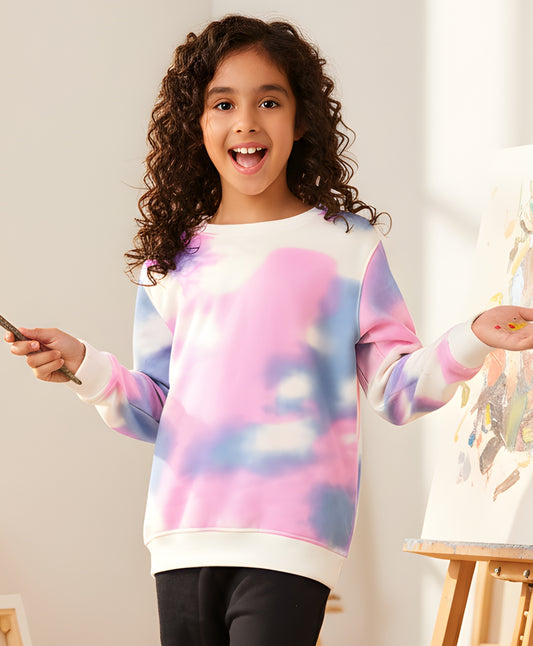 BLUE PINK TIE DYE GIRLS FLEECE SWEATSHIRT - WHITE