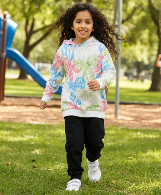 PAINTED BOW FLEECE HOODIE BLACK JOGGER SET - WHITE/ BLACK