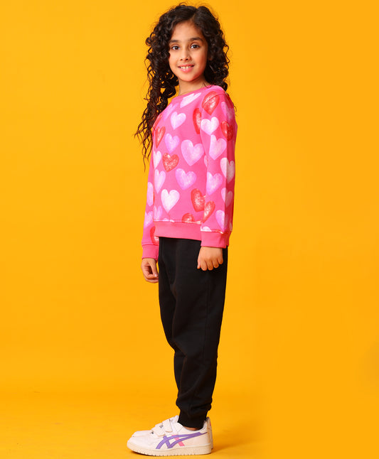 HEART PINK FLEECE SWEATSHIRT BLACK JOGGER SET - PINK/BLACK