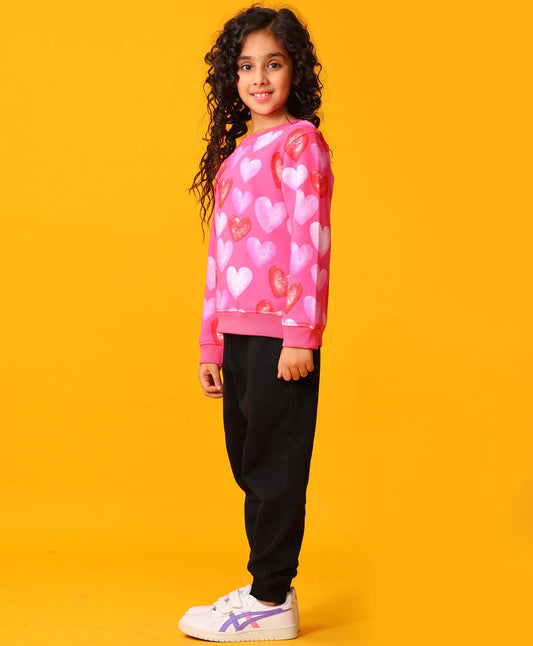 HEART PINK FLEECE SWEATSHIRT BLACK JOGGER SET - PINK/BLACK