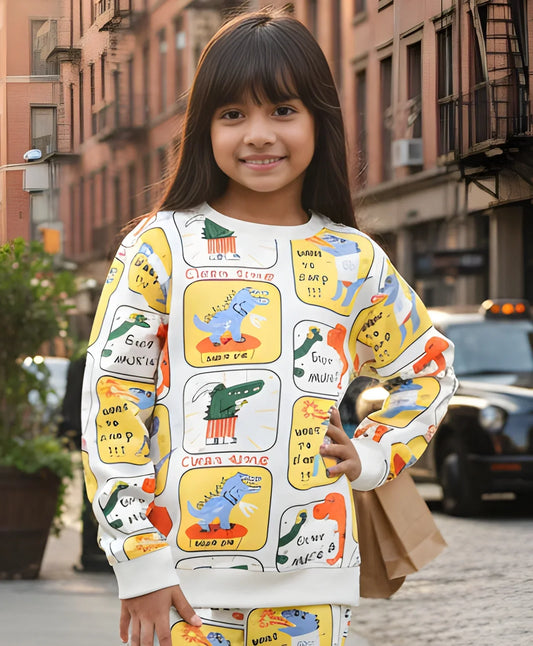 DINOSAUR STAMP FLEECE GIRLS SWEATSHIRT - OFF WHITE - Anthrilo