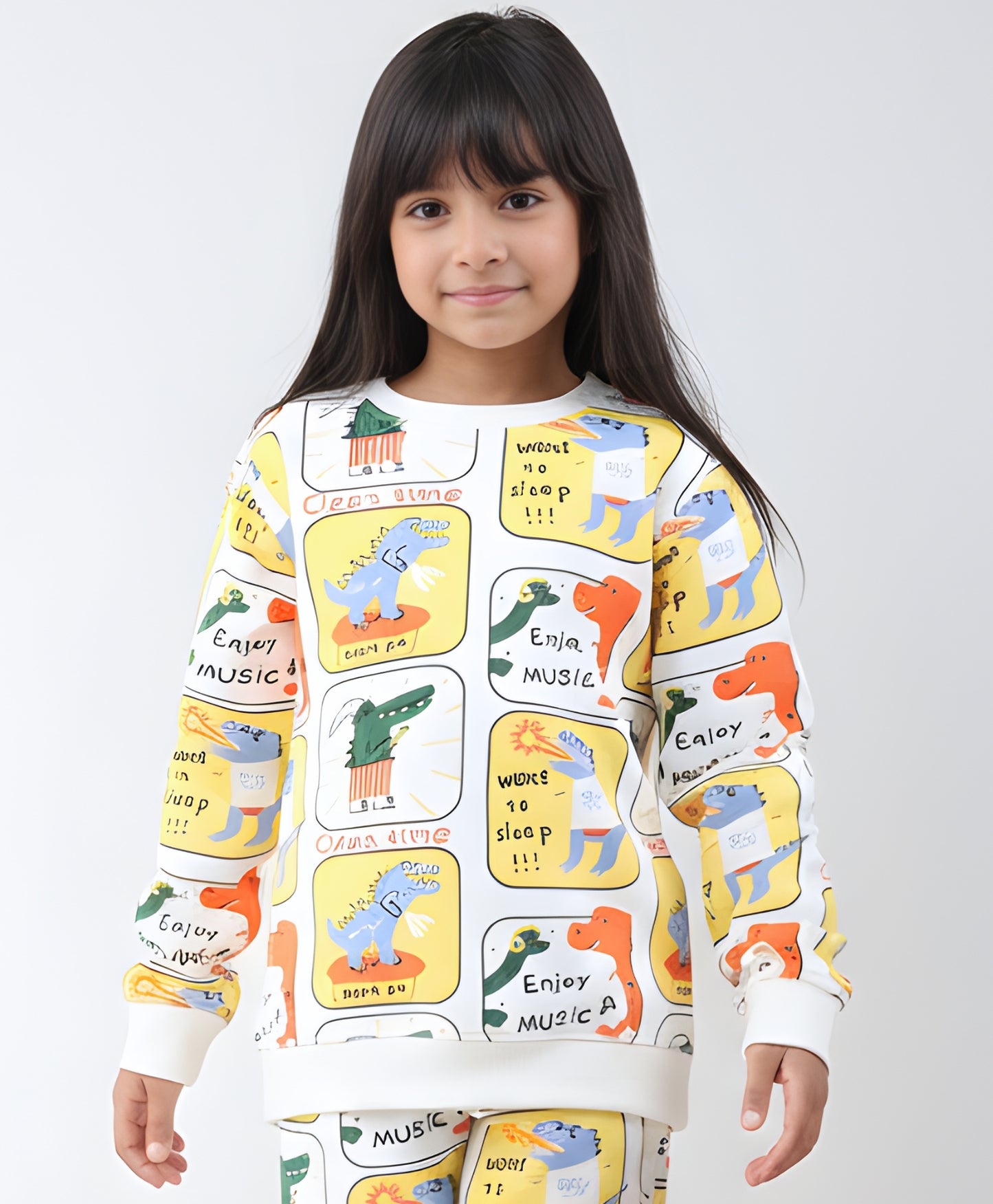 DINOSAUR STAMP FLEECE GIRLS SWEATSHIRT - OFF WHITE
