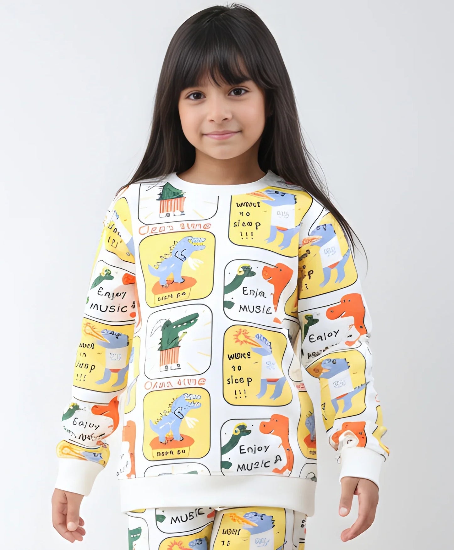 DINOSAUR STAMP FLEECE GIRLS SWEATSHIRT - OFF WHITE