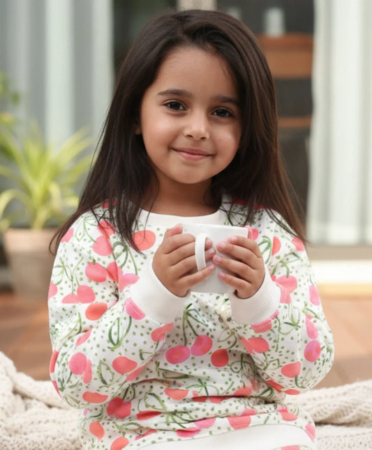 DOTTED CHERRY FLEECE GIRLS SWEATSHIRT - OFF WHITE