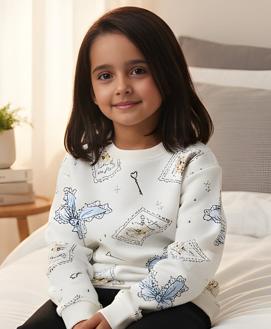 BOW KEY CAT GIRLS FLEECE SWEATSHIRT - WHITE