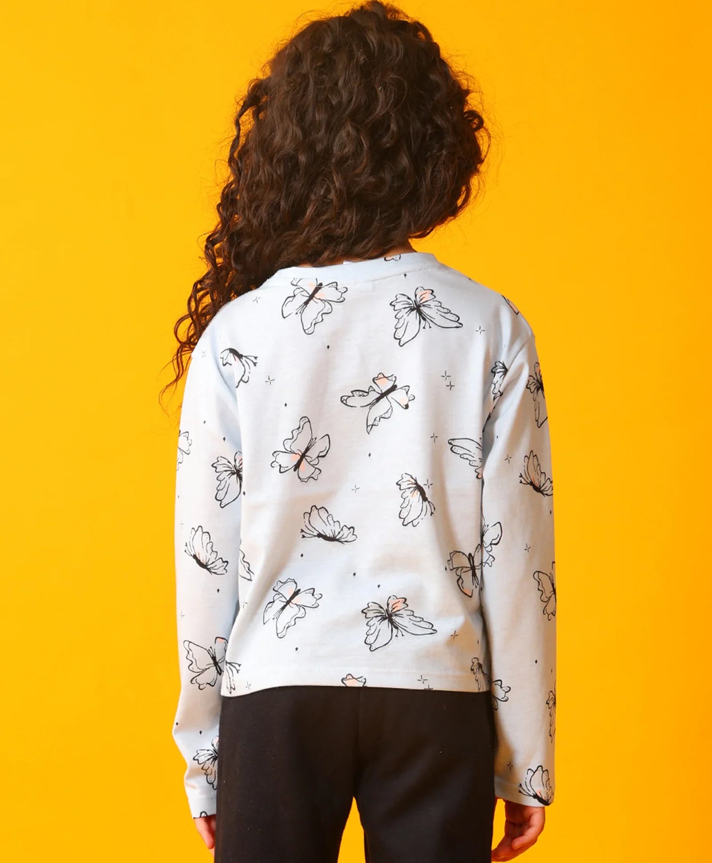 BLUE BUTTERFLY LONG SLEEVE GIRLS T-SHIRT - BLUE