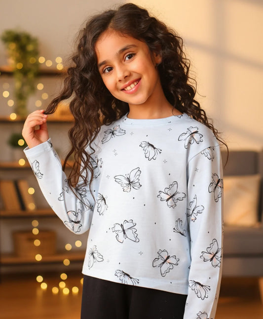 BLUE BUTTERFLY LONG SLEEVE GIRLS T-SHIRT - BLUE