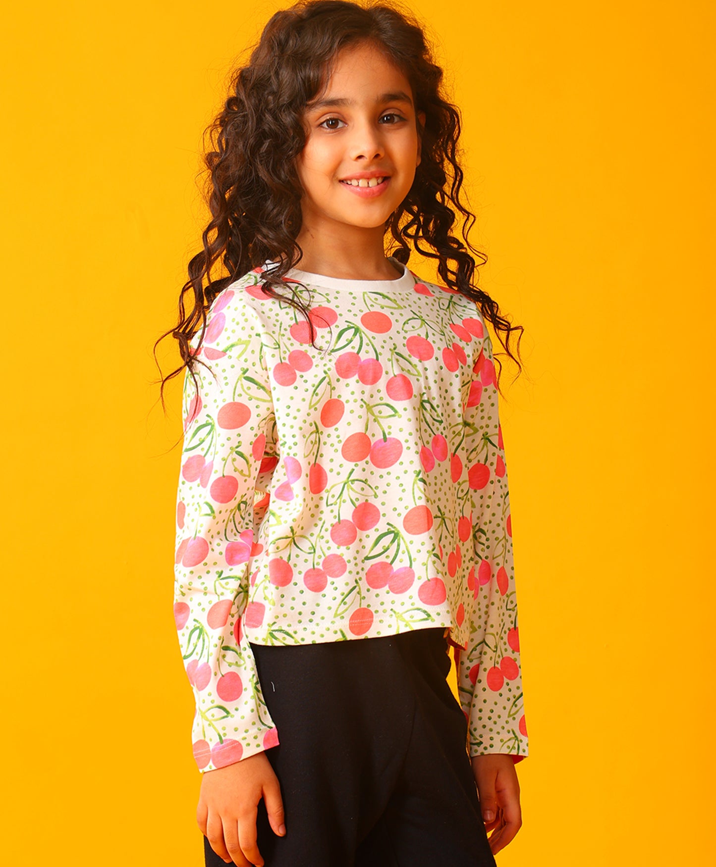 DOTTED CHERRY LONG SLEEVE GIRLS T-SHIRT - OFF WHITE