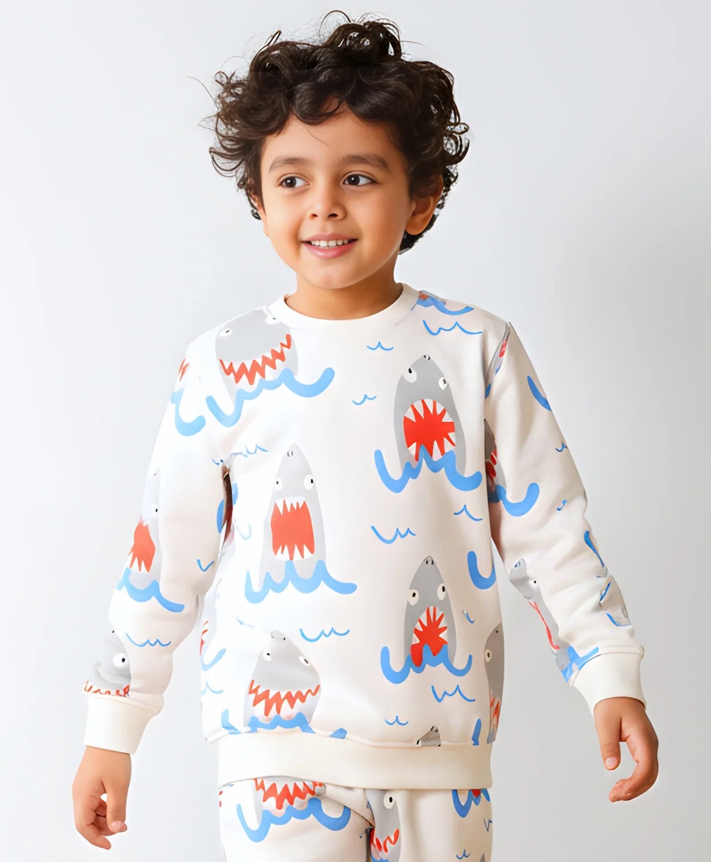 SLEEPY SHARK BOYS FLEECE SWEATSHIRT - OFF WHITE