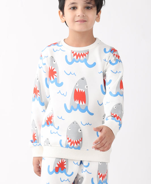 SLEEPY SHARK BOYS FLEECE SWEATSHIRT - OFF WHITE