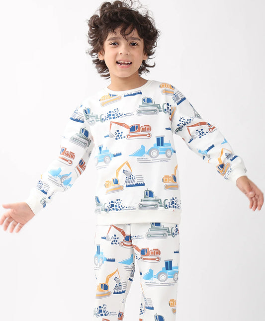 DIGGER PRINT FLEECE BOYS SWEATSHIRT - OFF WHITE