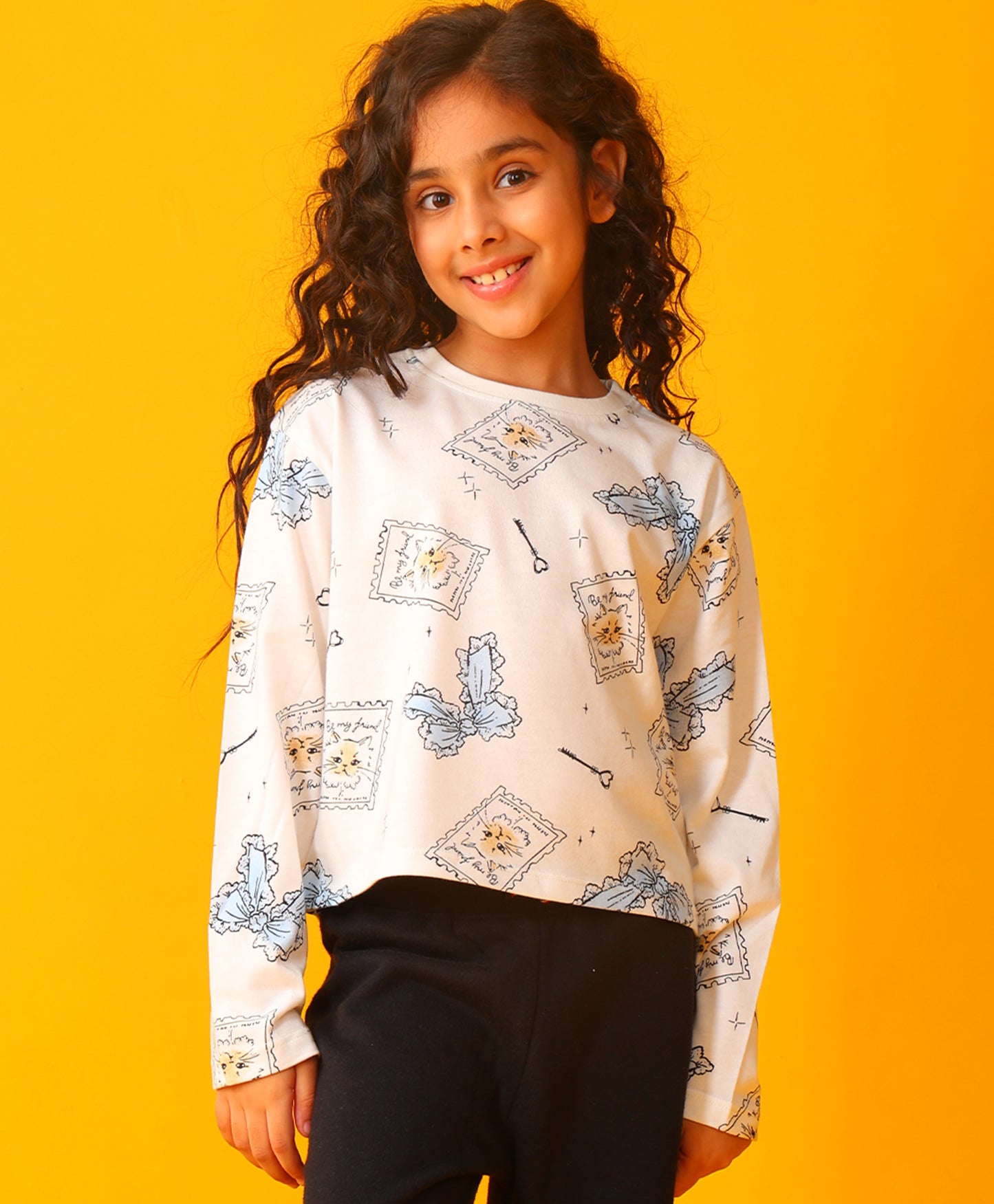 BOW KEY CAT LONG SLEEVE GIRLS T-SHIRT - WHITE