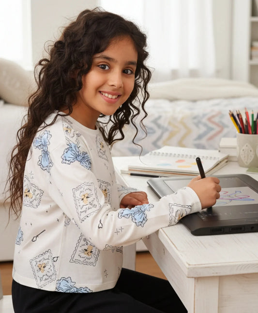 BOW KEY CAT LONG SLEEVE GIRLS T-SHIRT - WHITE