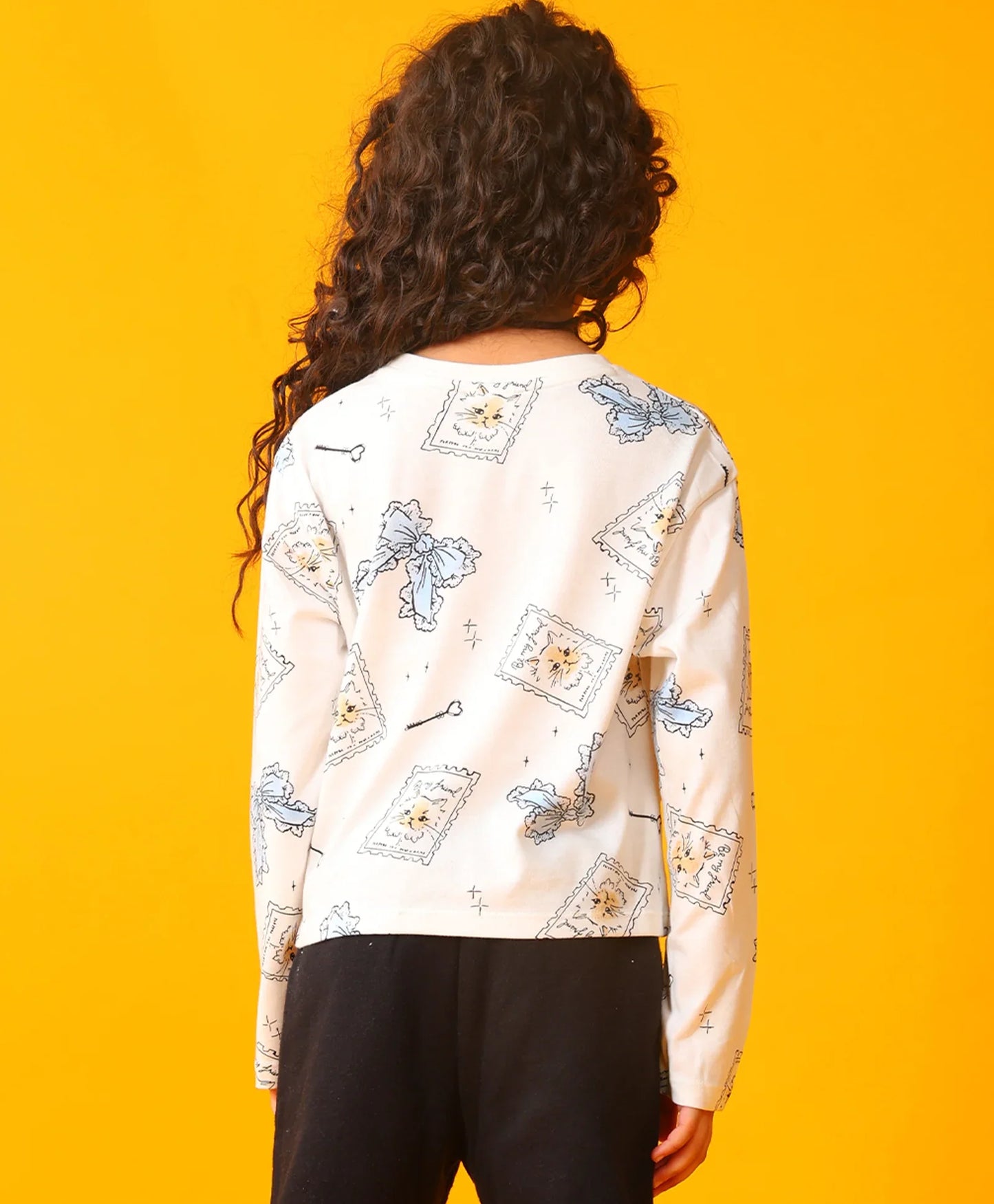 BOW KEY CAT LONG SLEEVE GIRLS T-SHIRT - WHITE