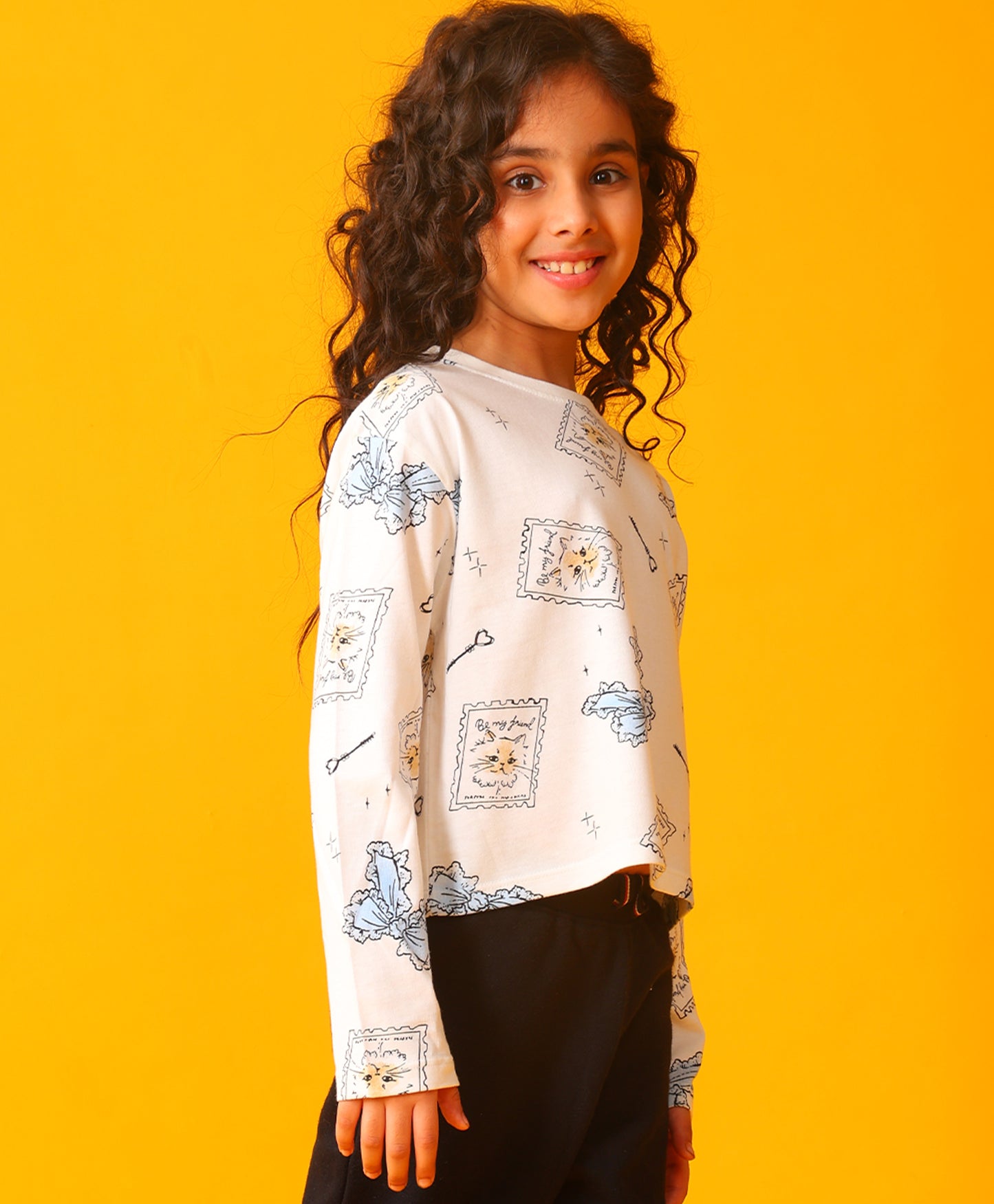 BOW KEY CAT LONG SLEEVE GIRLS T-SHIRT - WHITE