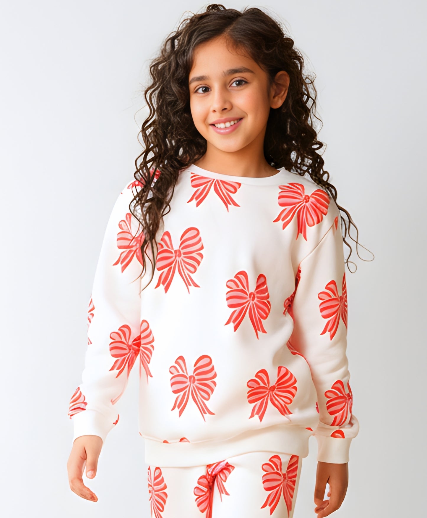 PINK BOW FLEECE GIRLS SWEATSHIRT - OFF WHITE