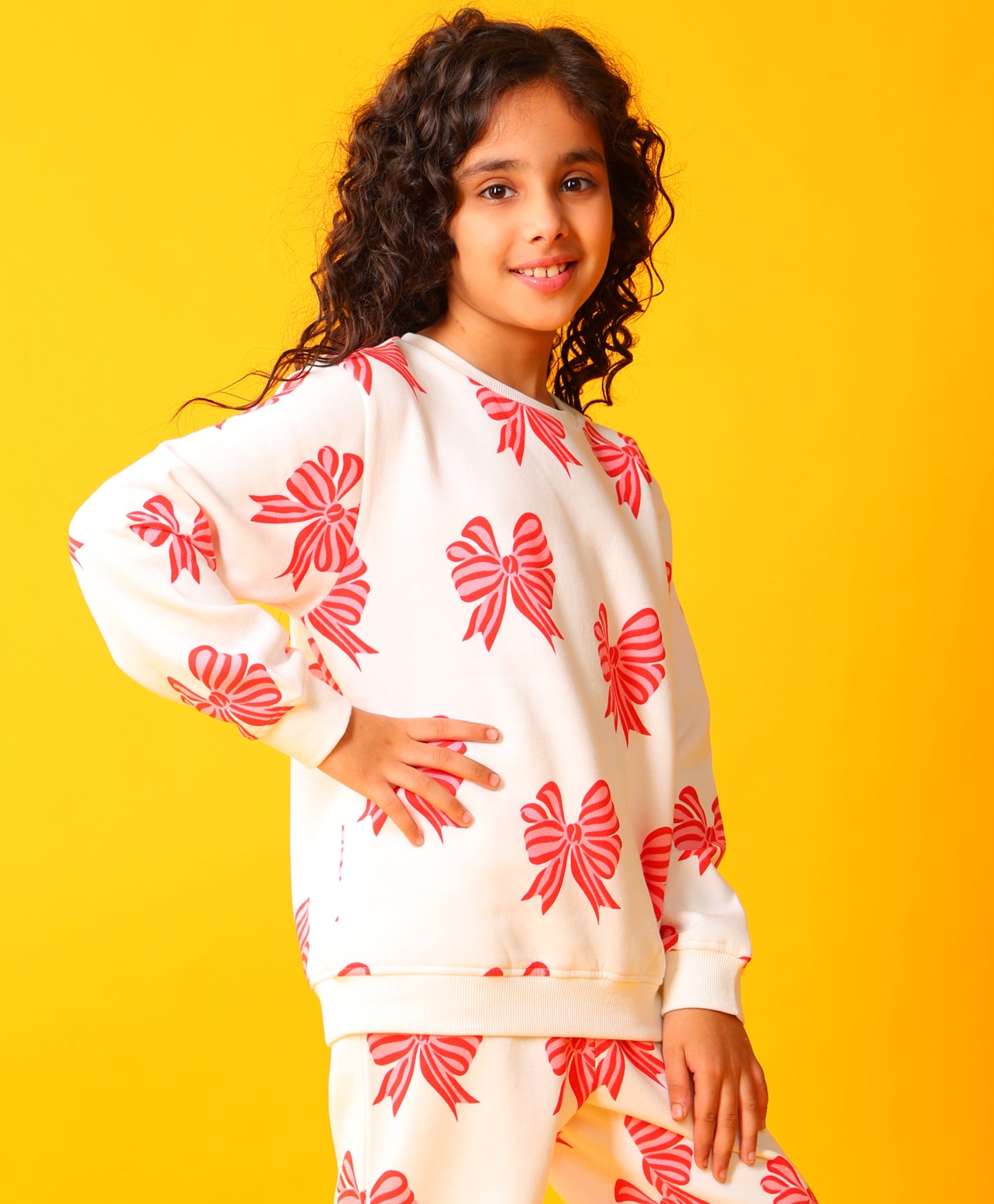 PINK BOW FLEECE GIRLS SWEATSHIRT - OFF WHITE