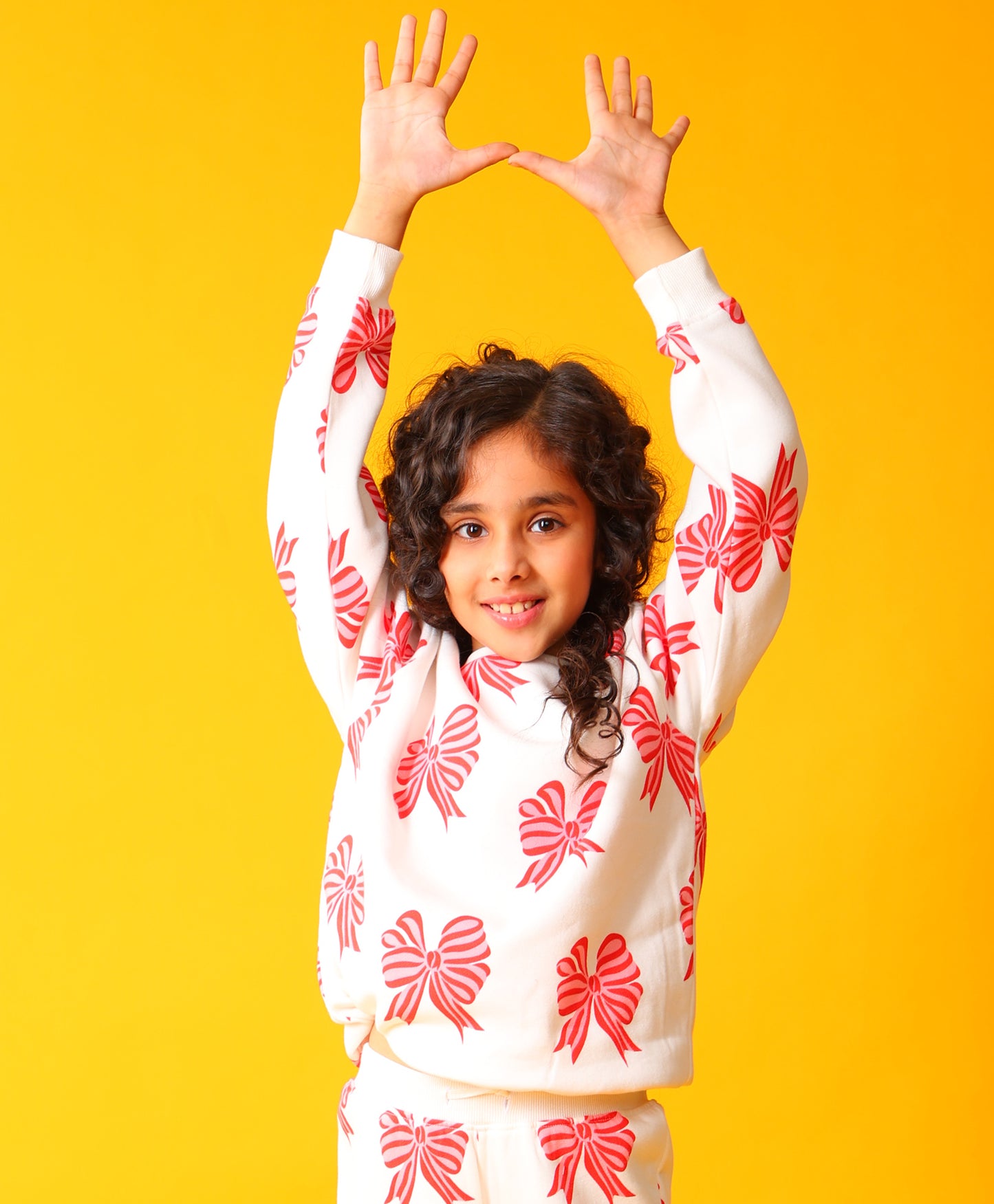 PINK BOW FLEECE GIRLS SWEATSHIRT - OFF WHITE