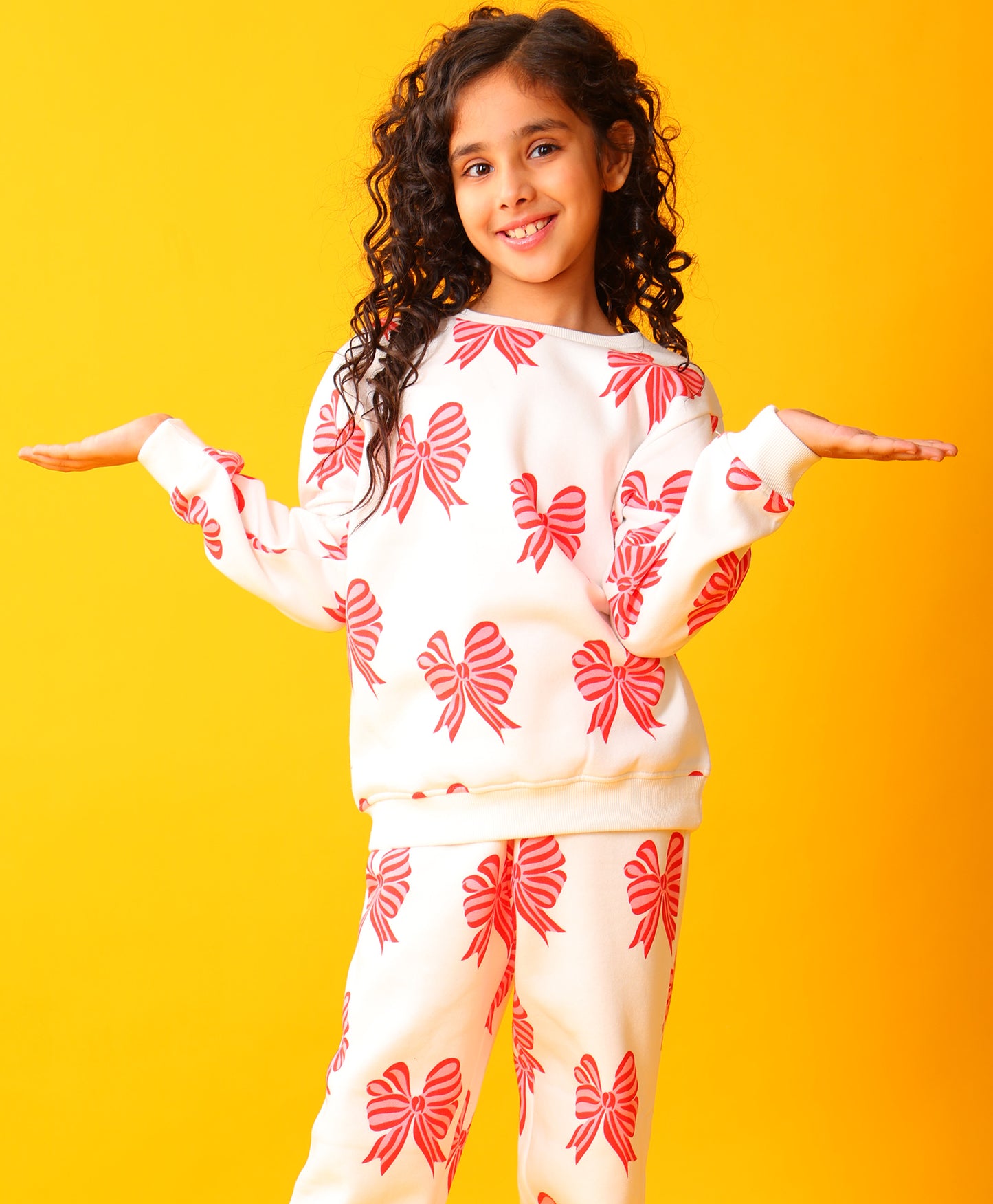 PINK BOW FLEECE GIRLS SWEATSHIRT - OFF WHITE