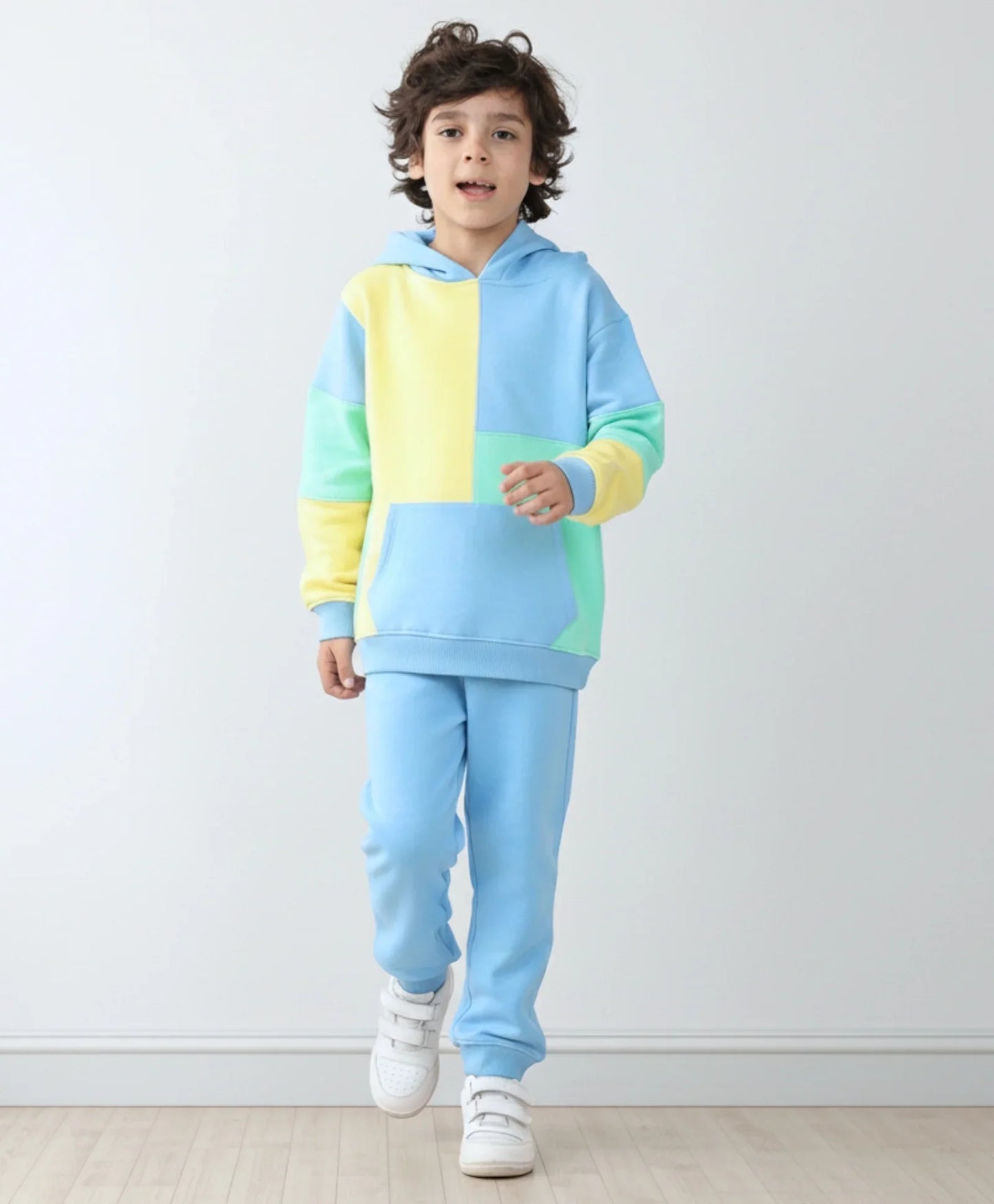 YELLOW SEA GREEN BLUE COLOR BLOCK HOODIE JOGGER SET - YELLOW SEA GREEN