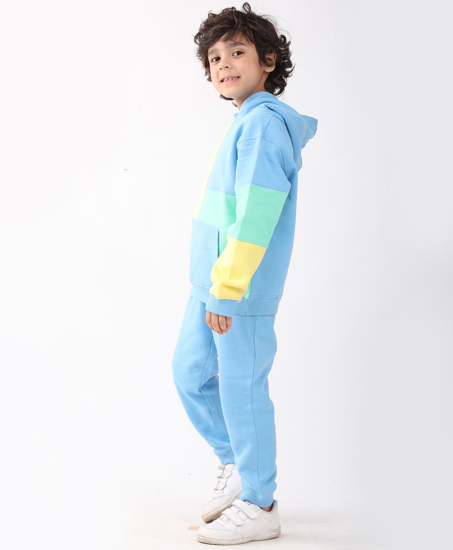 YELLOW SEA GREEN BLUE COLOR BLOCK HOODIE JOGGER SET - YELLOW SEA GREEN