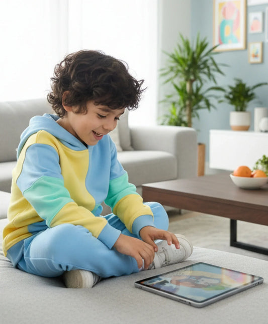 YELLOW SEA GREEN BLUE COLOR BLOCK HOODIE JOGGER SET - YELLOW SEA GREEN