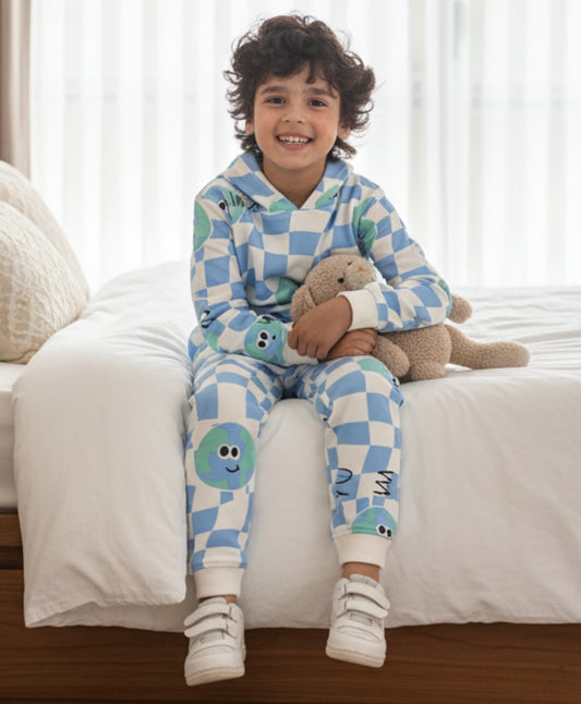 GLOBE CHECK FLEECE BOYS HOODIE JOGGER SET - OFF WHITE