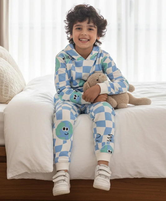 GLOBE CHECK FLEECE BOYS HOODIE JOGGER SET - OFF WHITE - Anthrilo