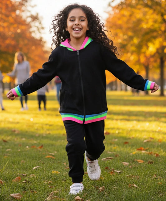 BLACK NEON RIB ZIPPER GIRLS FLEECE SWEATSHIRT JOGGER SET - BLACK