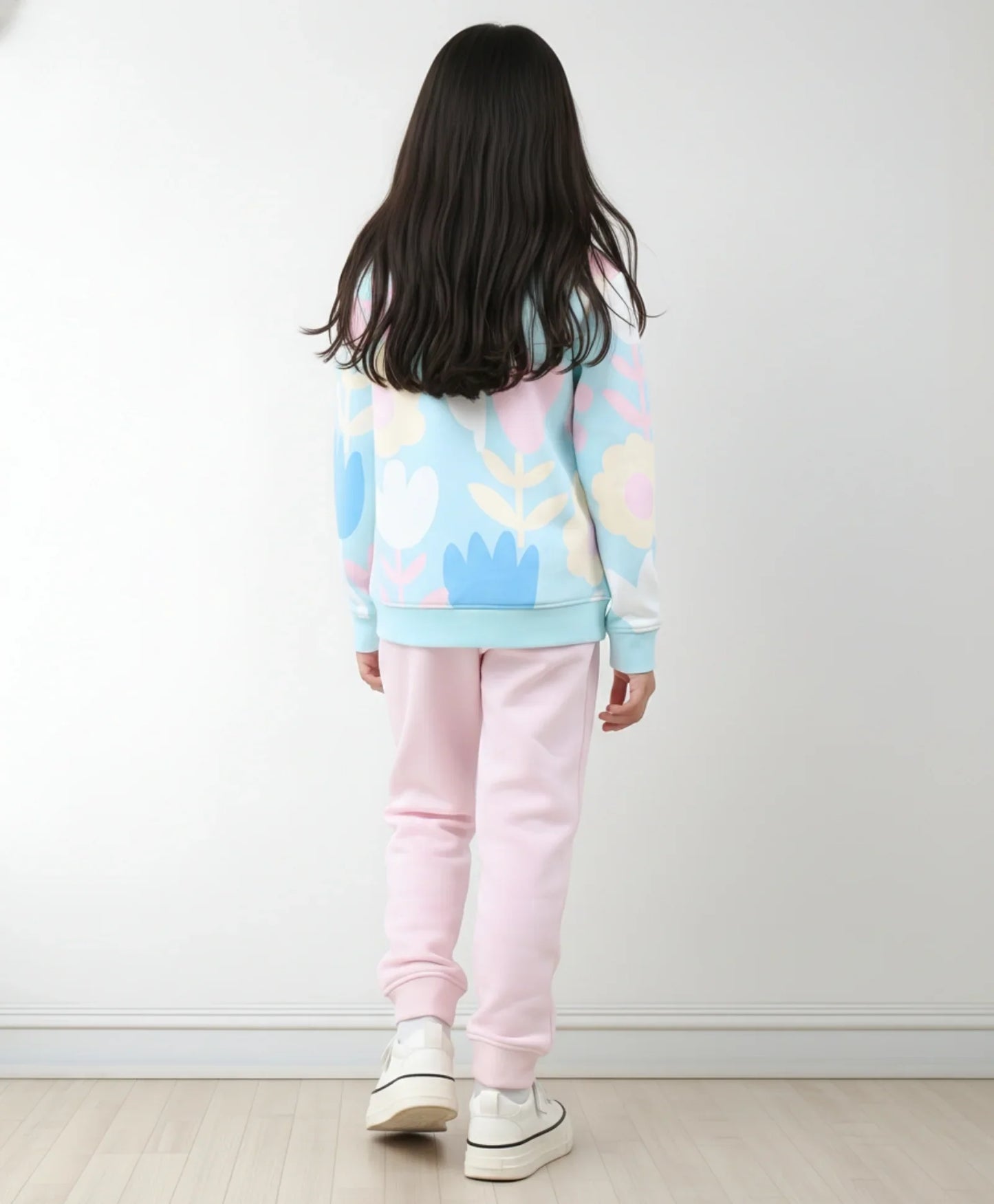 AQUA FLOWER GIRLS SWEATSHIRT PINK FLEECE JOGGER SET - AQUA/PINK