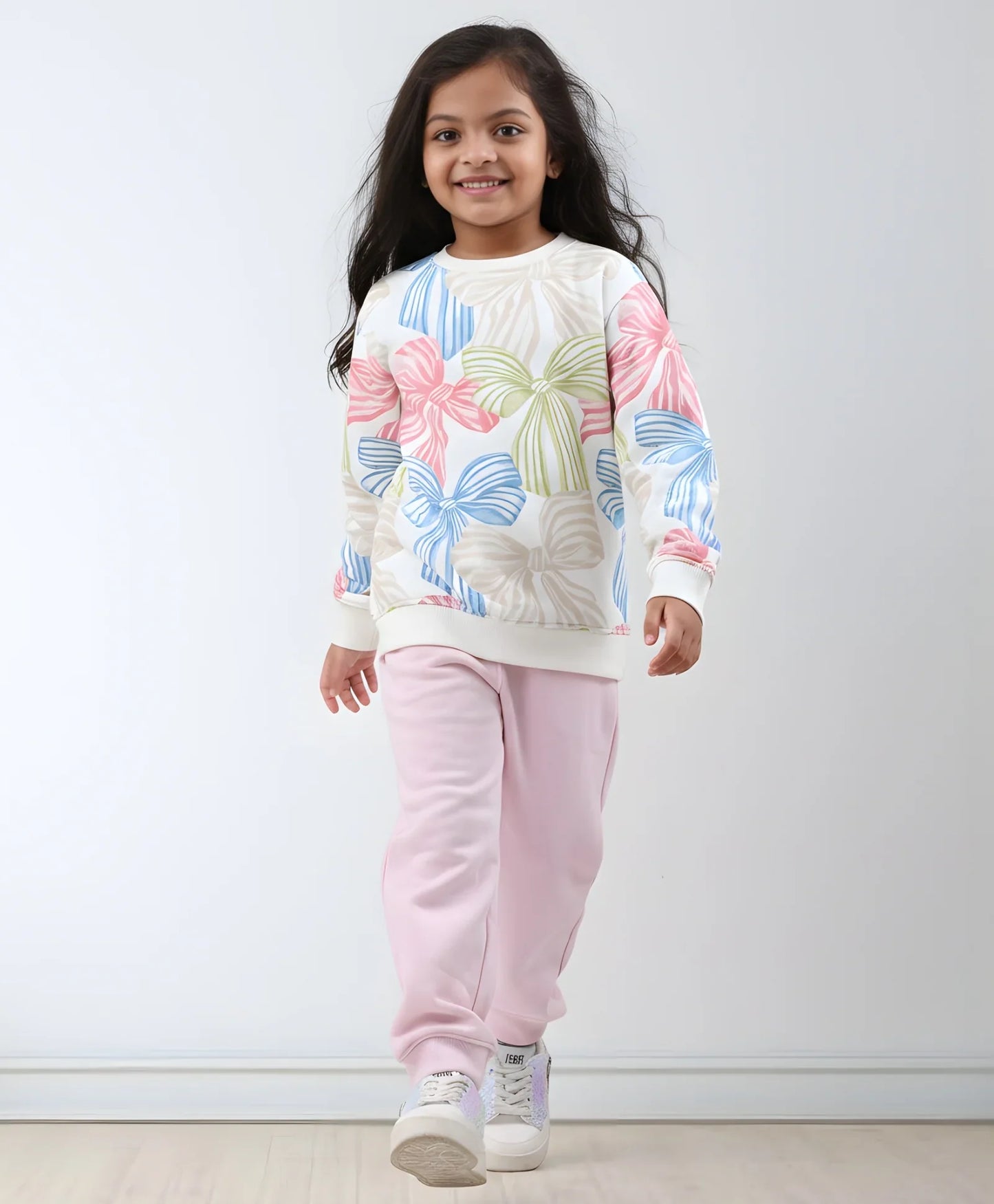 PAINTED BOW GIRLS SWEATSHIRT PINK FLEECE JOGGER SET - WHITE/PINK