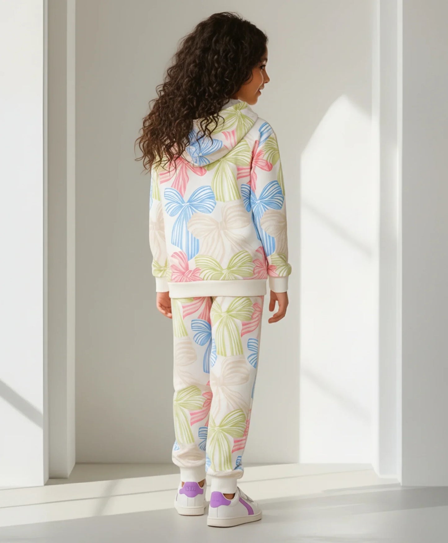 PAINTED BOW GIRLS FLEECE HOODIE JOGGER SET - WHITE