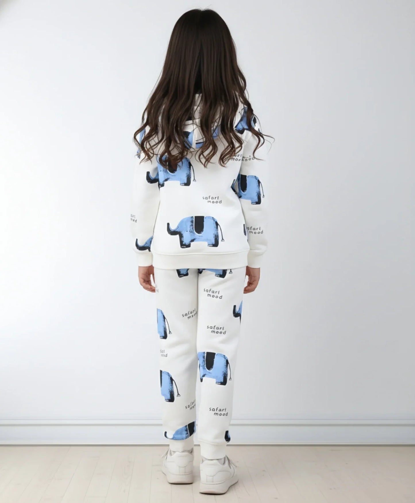 ELEPHANT SAFARI GIRLS FLEECE HOODIE JOGGER SET - WHITE