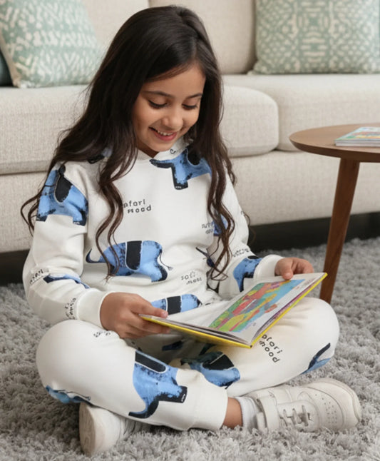 ELEPHANT SAFARI GIRLS FLEECE HOODIE JOGGER SET - WHITE